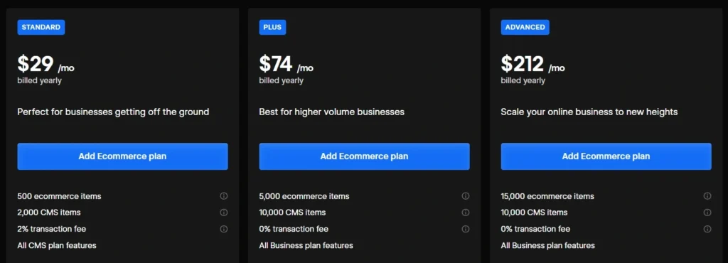 Webflow Pricing Ecommerce